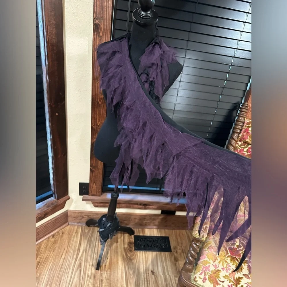 Gothic Black & Purple Tulle Shabby Chic Scarf Wrap Ruffle Flower Oversized Boho